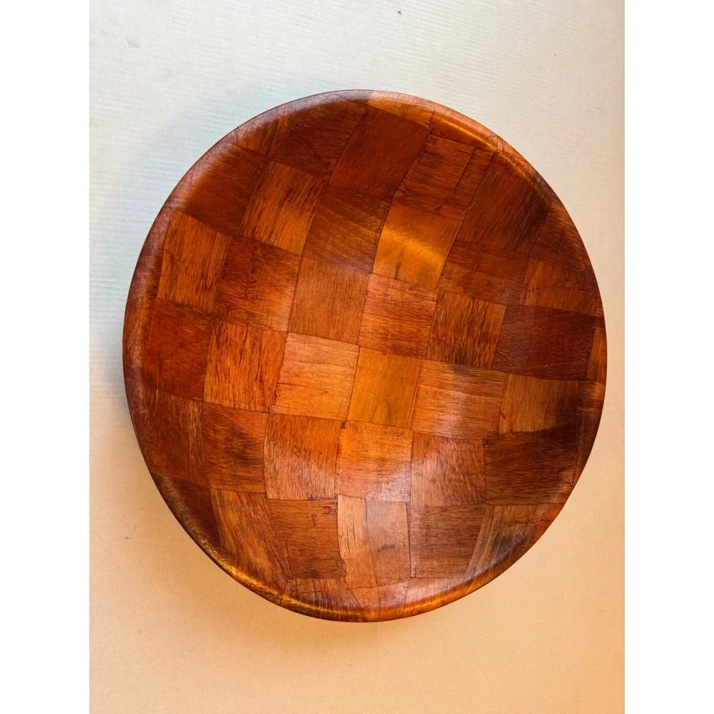 Vintage Large Woven Wood Salad Bowl 14 Inch Mid Century Serving Bowl Brown